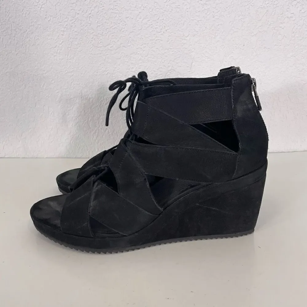 Eileen Fisher Black Cut Out Lace Up‎ Wedge Sandals